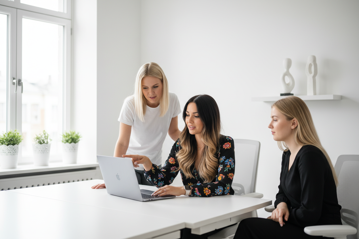 Three women collaborating in modern office